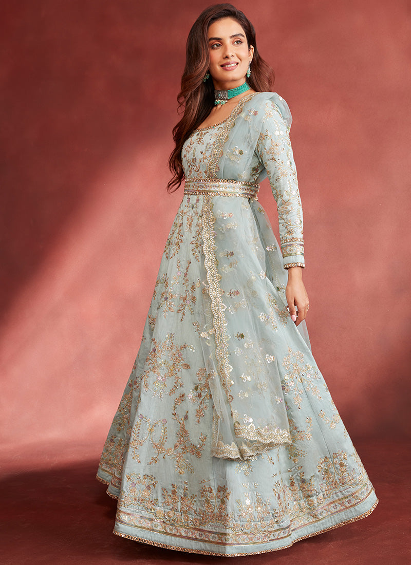 Gold Embroidered Silk Anarkali– Lashkaraa